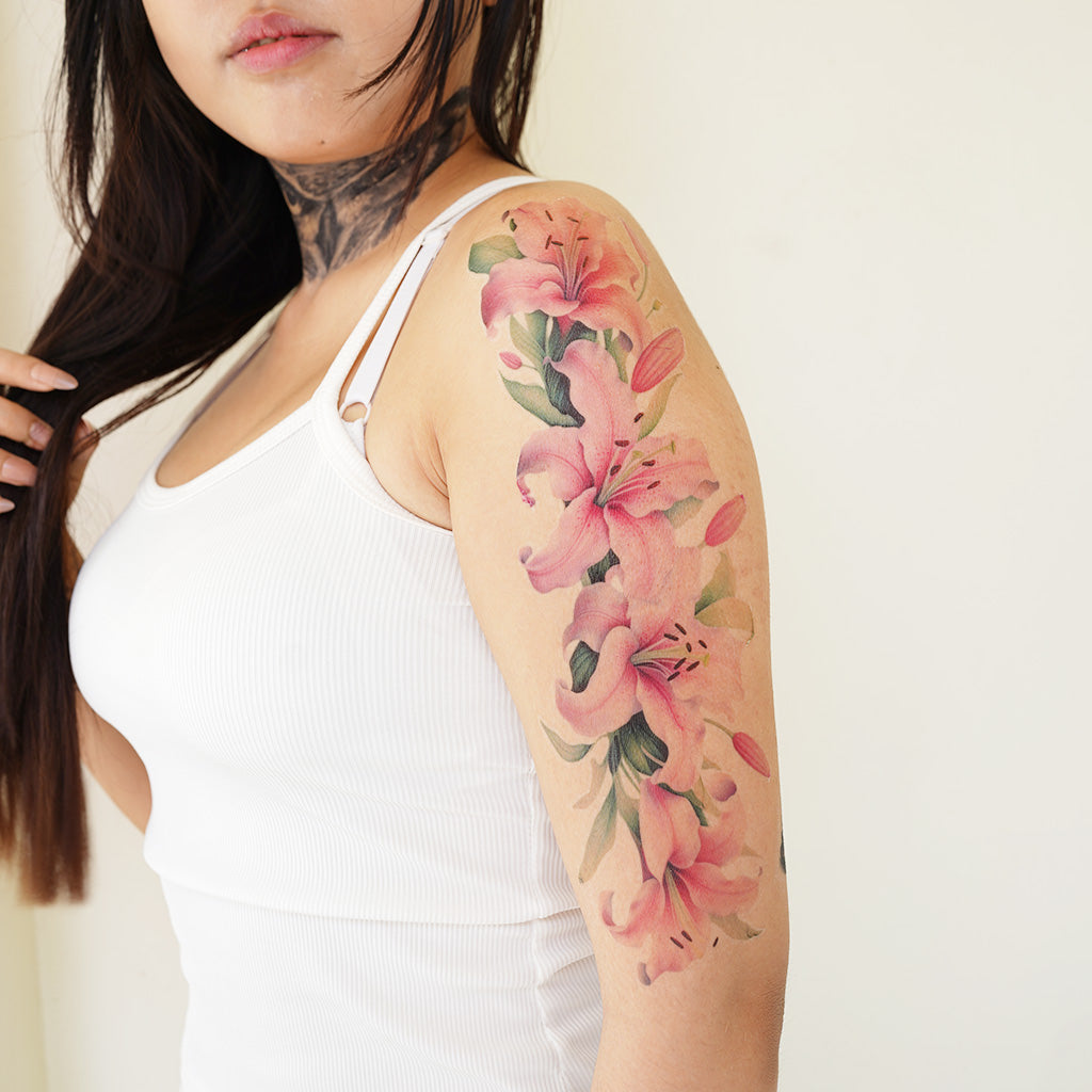 Pink Lilies Flower Sleeve  TattooIcon