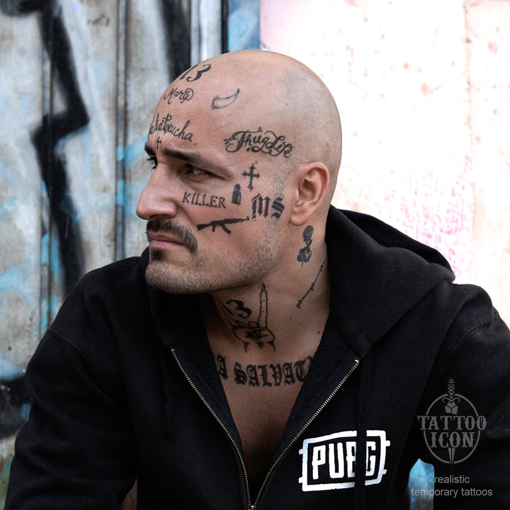 MS13 Gang Face + Neck Temporary Tattoo Set