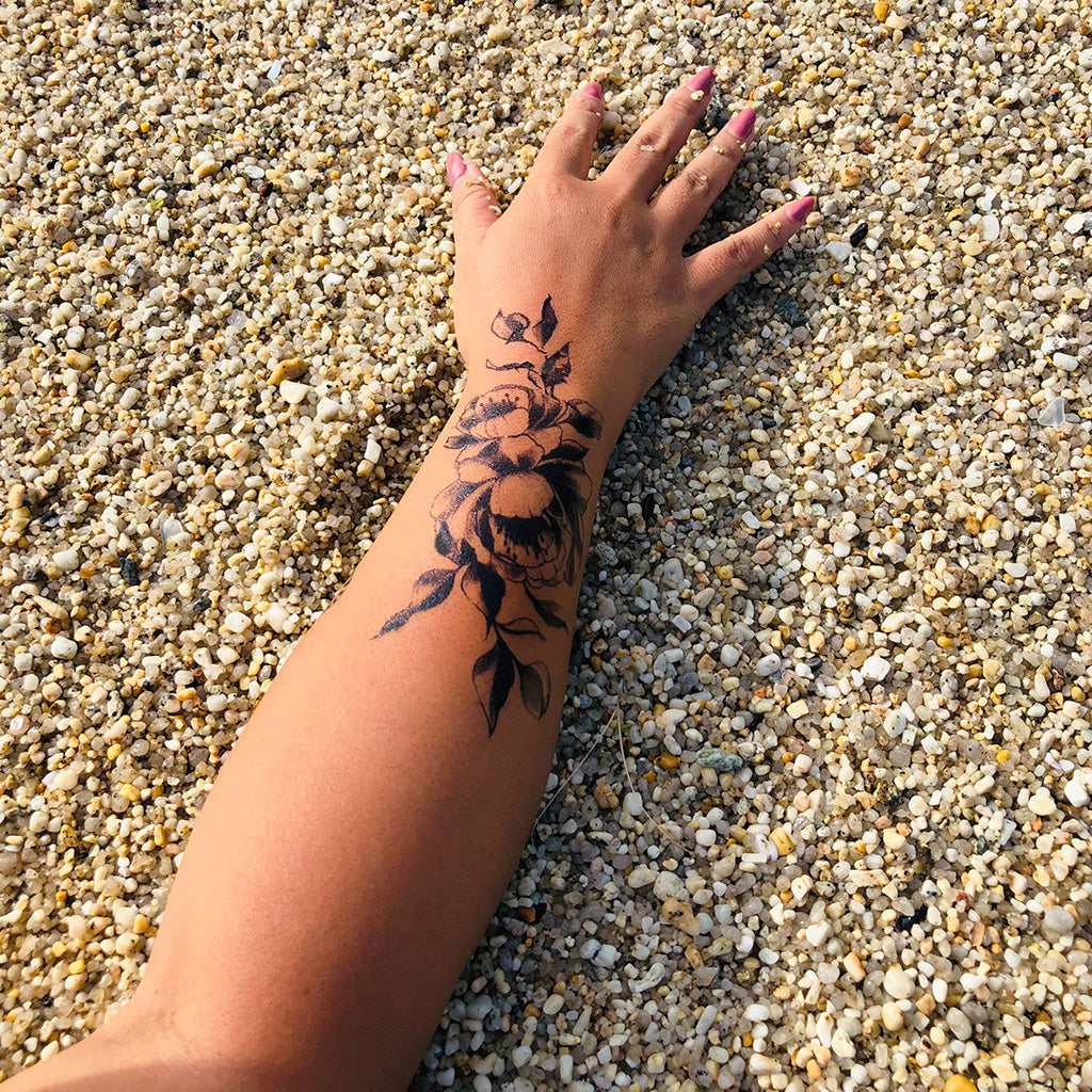 black dark peony temporary tattoo