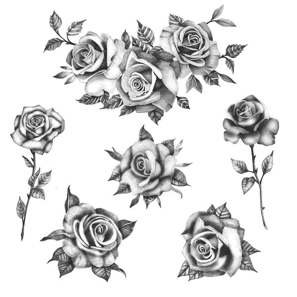 Black Gothic Rose Temporary Tattoos - Black Set of 6 Small Flowers