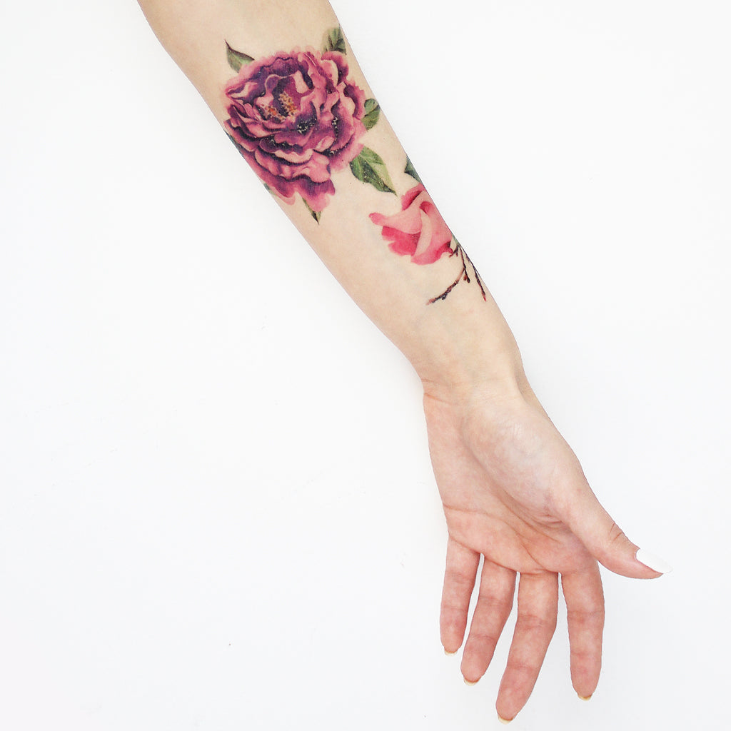 purple watercolor temporary tattoo forearm