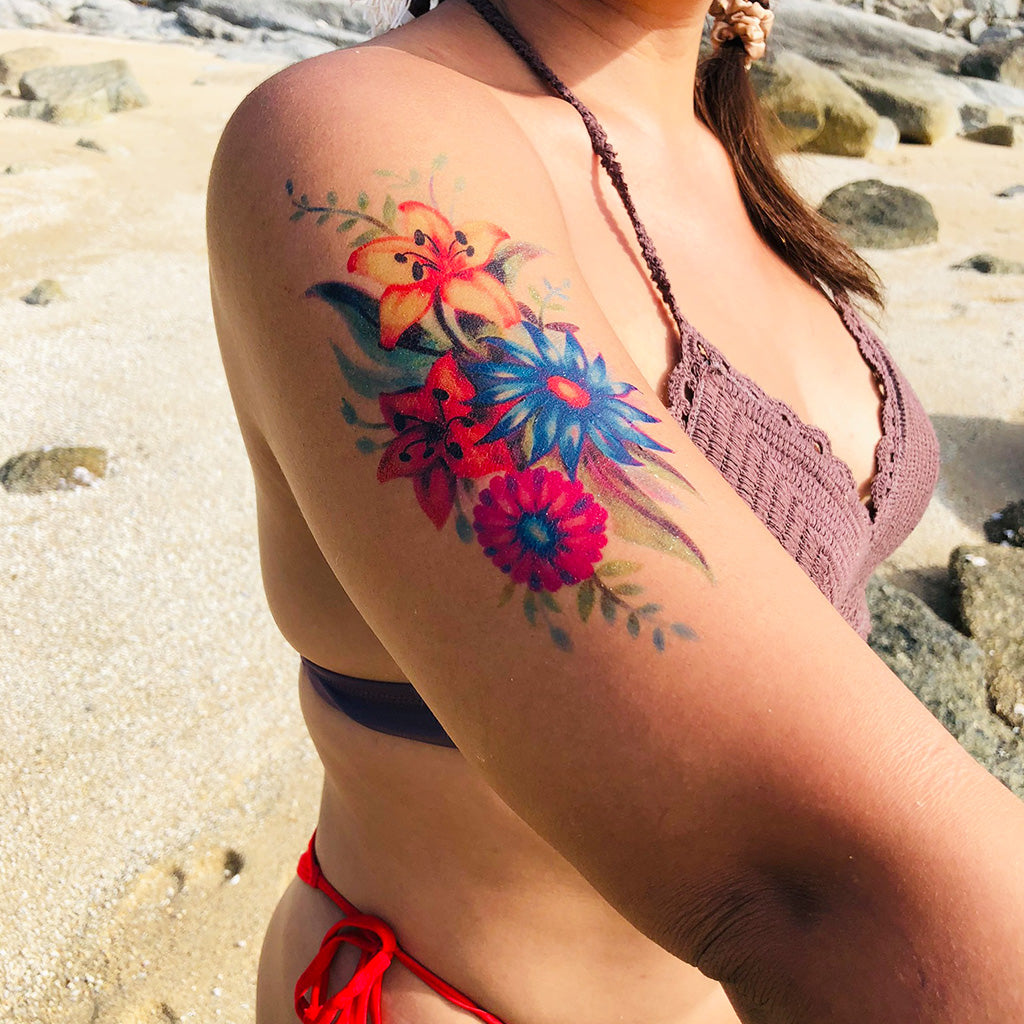 colorful floral temp tattoo
