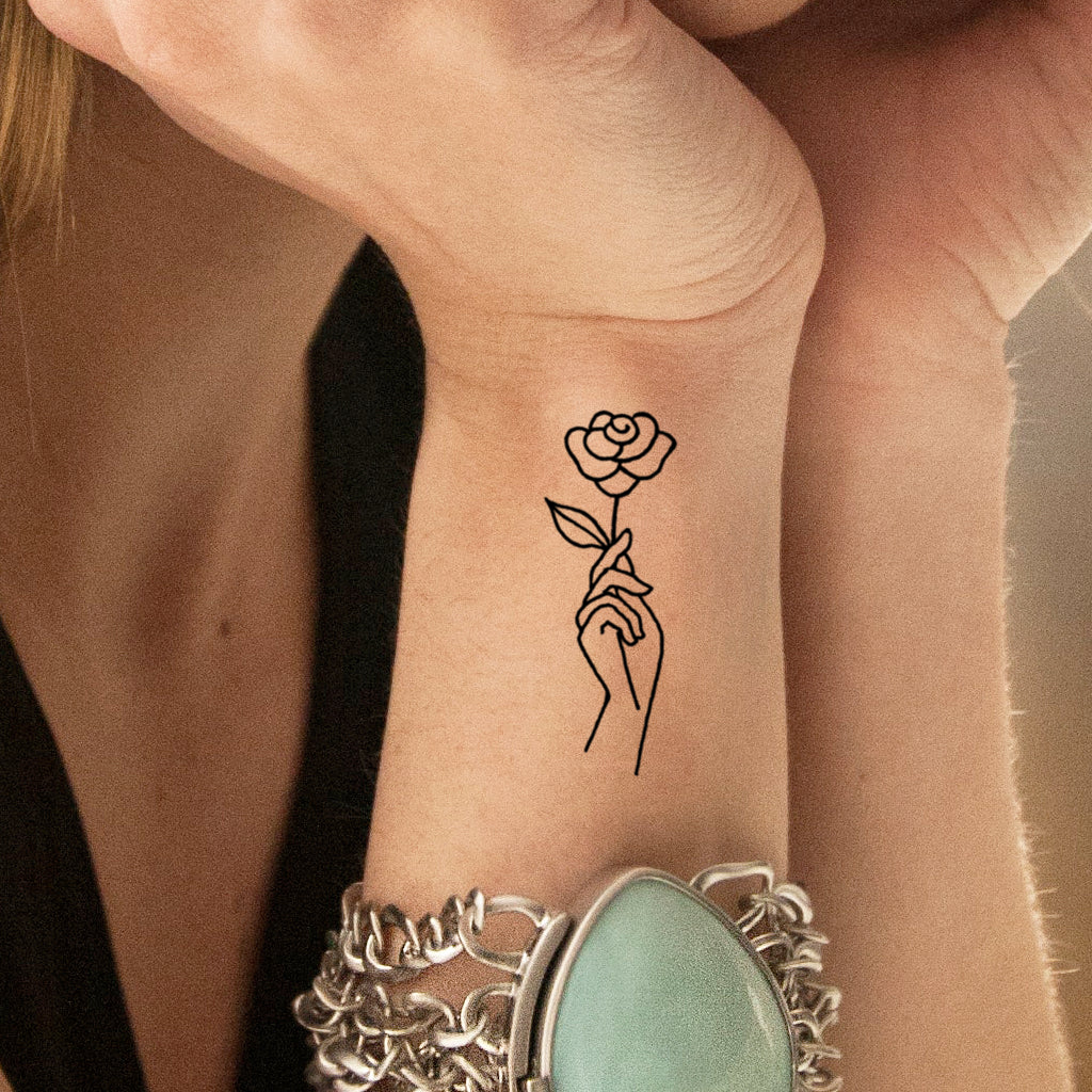Outline Rose in Hand Tattoo (Set of 2)